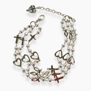 Premier Designs Bracelet Charms Christian Fish Heart Cross 3 Strand Silver Tone